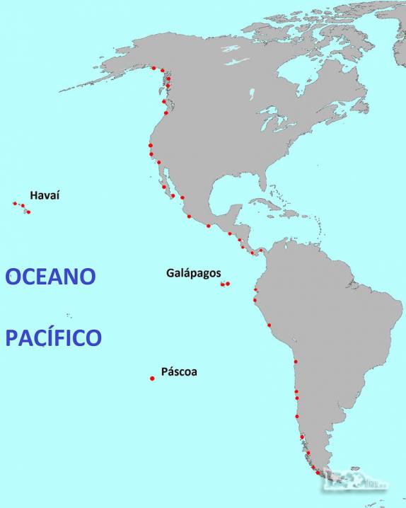 Pontos ao longo da costa americana onde chegamos ao Oceano Pacífico durante os 1000dias. Devido ao frio, foi apenas nas costas do México, América Central, Peru, Equador e Chile, além das ilhas oceânicas, que conseguimos dar um mergulho
